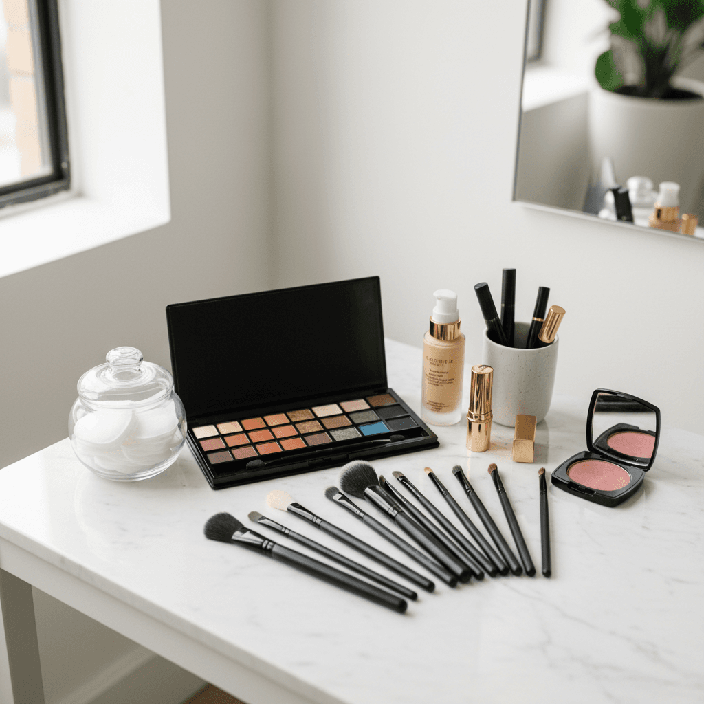 Open makeup palette and brushes arranged on a white vanity table