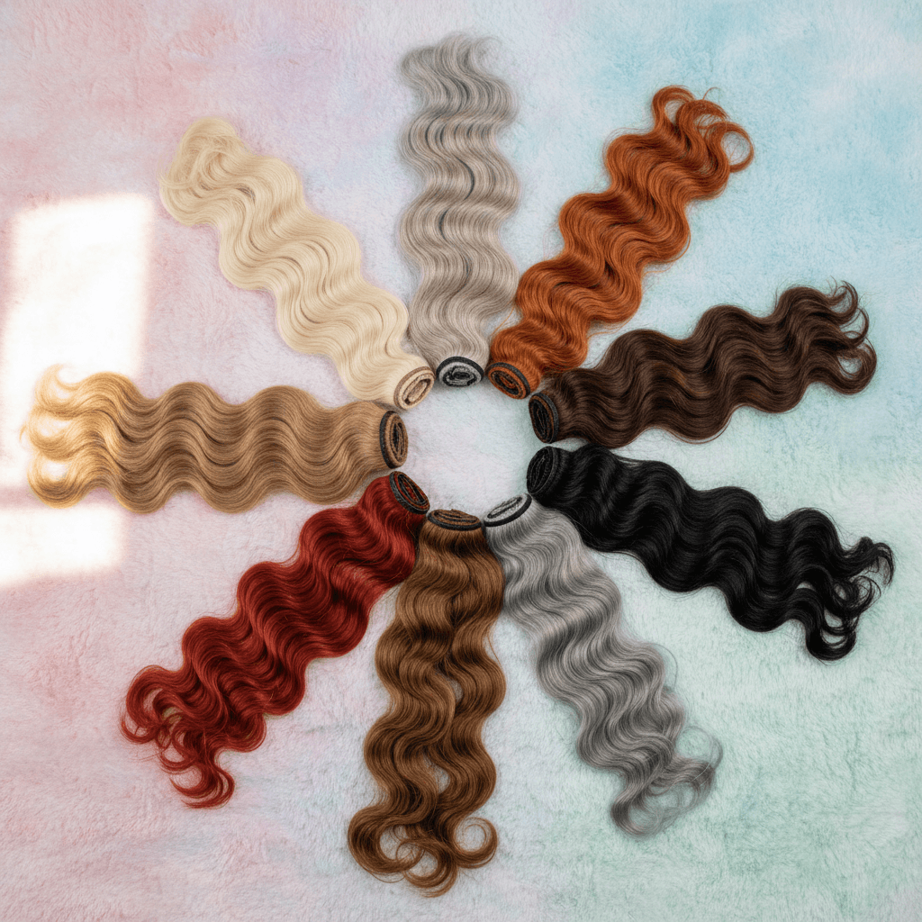 Hair extension wefts in neutral shades laid flat on a pastel surface