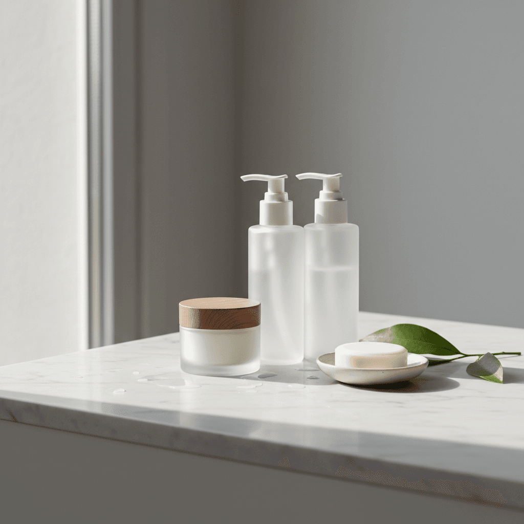 Glass bottles of skincare serum and cream arranged on a marble surface