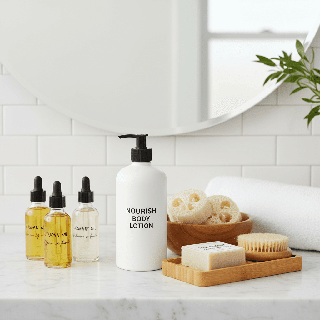 Bottles of body lotion, oil, and a wooden comb on a bathroom counter