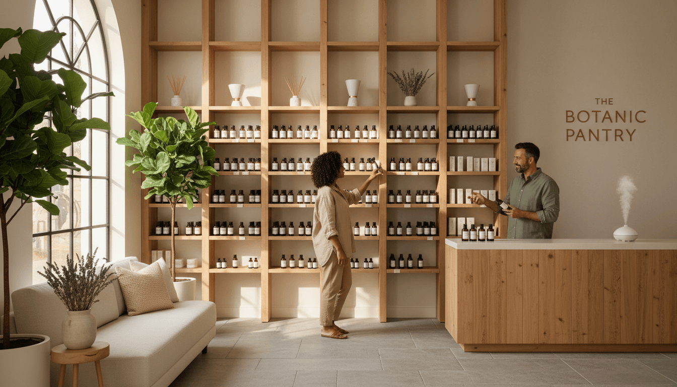 Wellness products like essential oils and mists on display