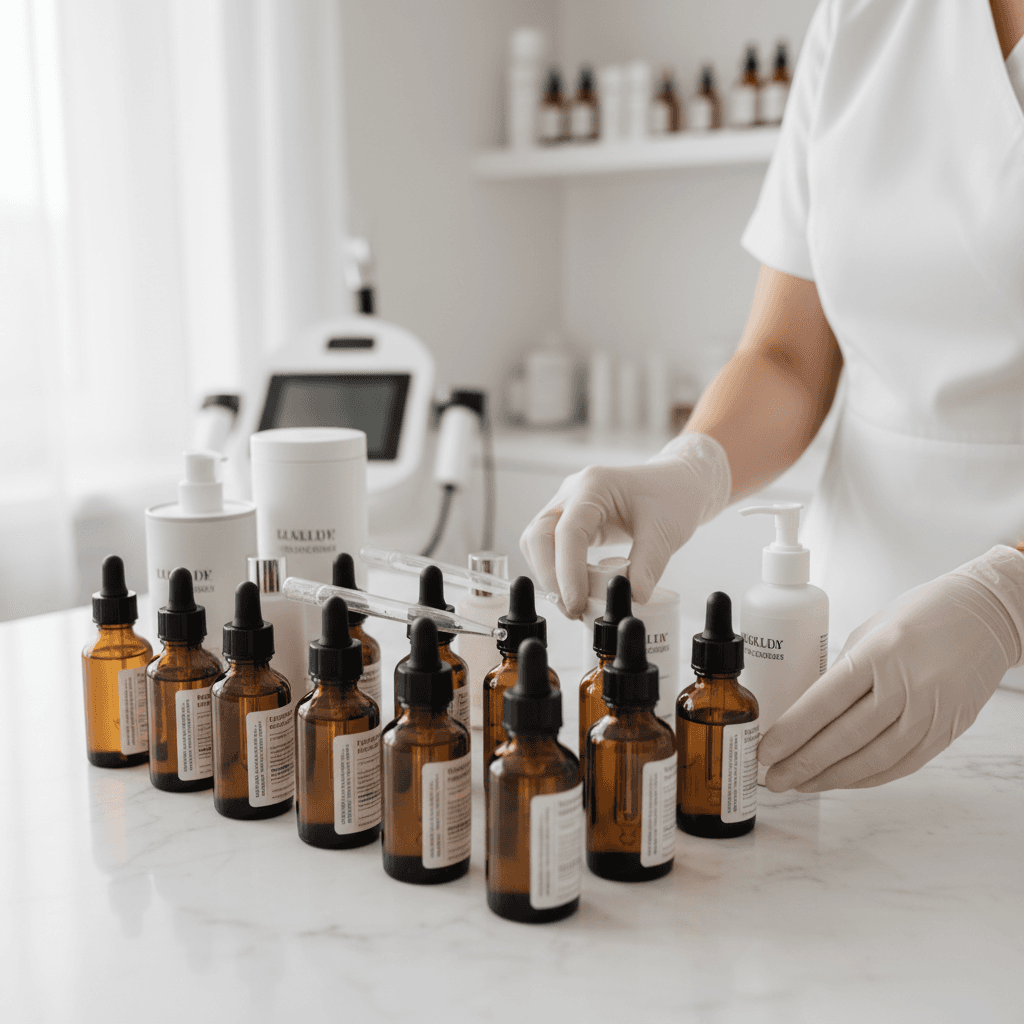 Skincare product bottles on shelf