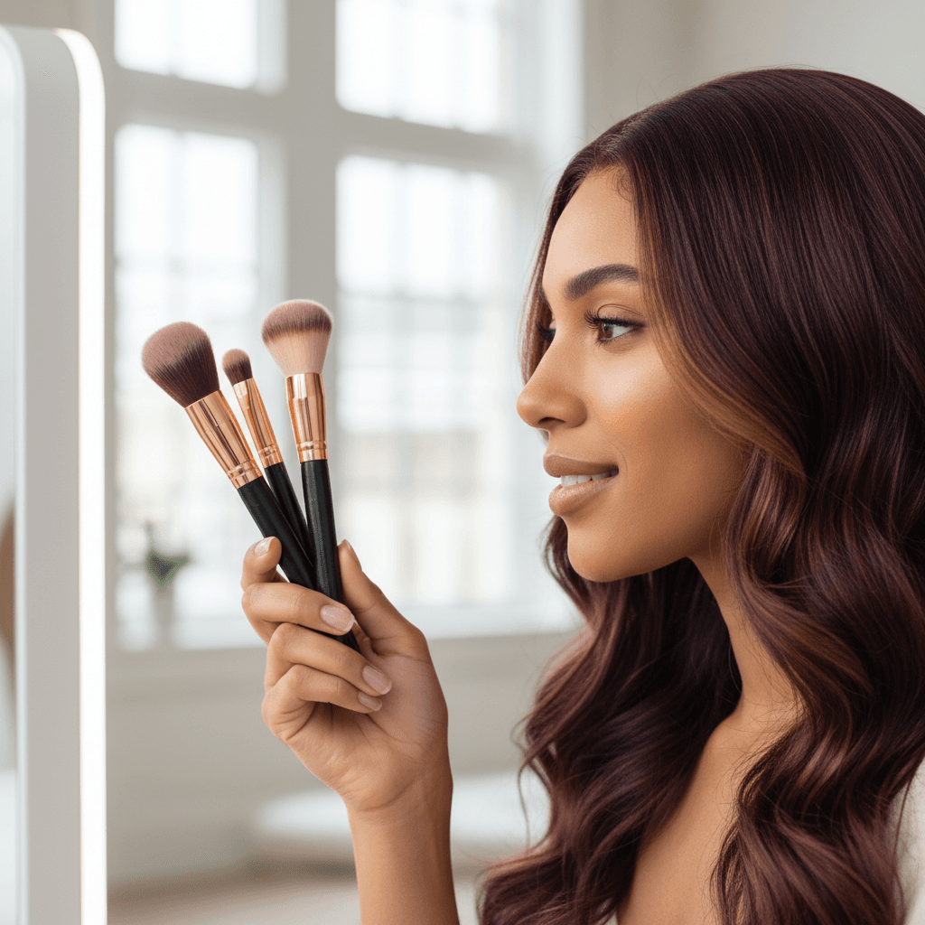 Professional makeup brushes arranged on a vanity