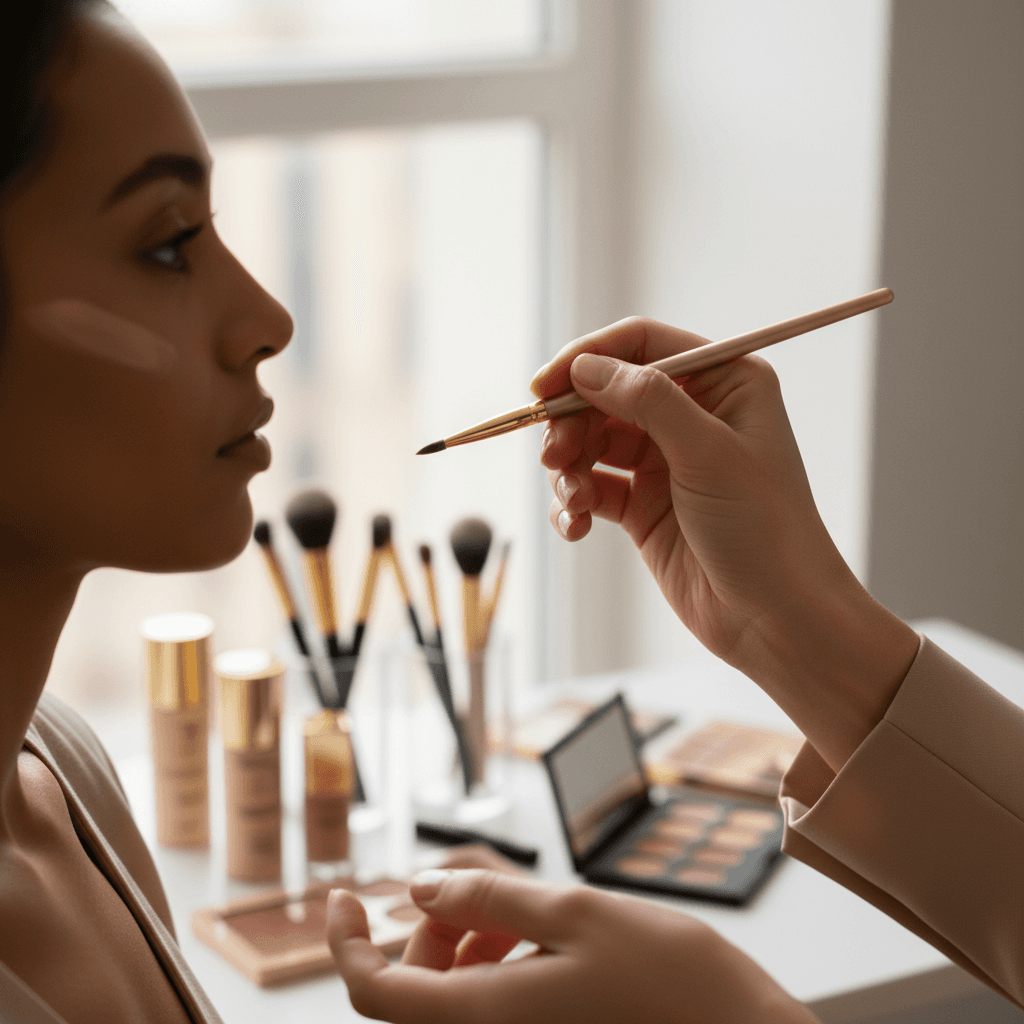 Makeup application session with foundation brush on a model