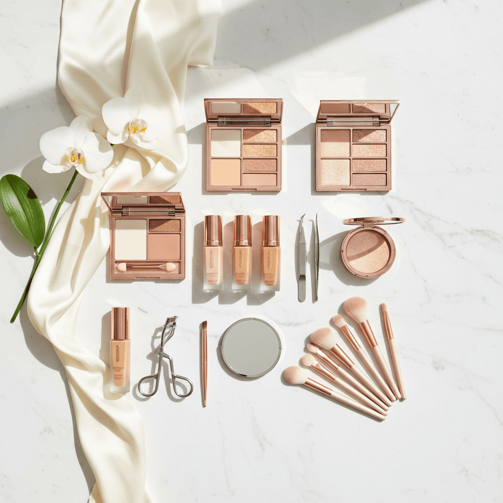 Makeup brushes and palettes on a table