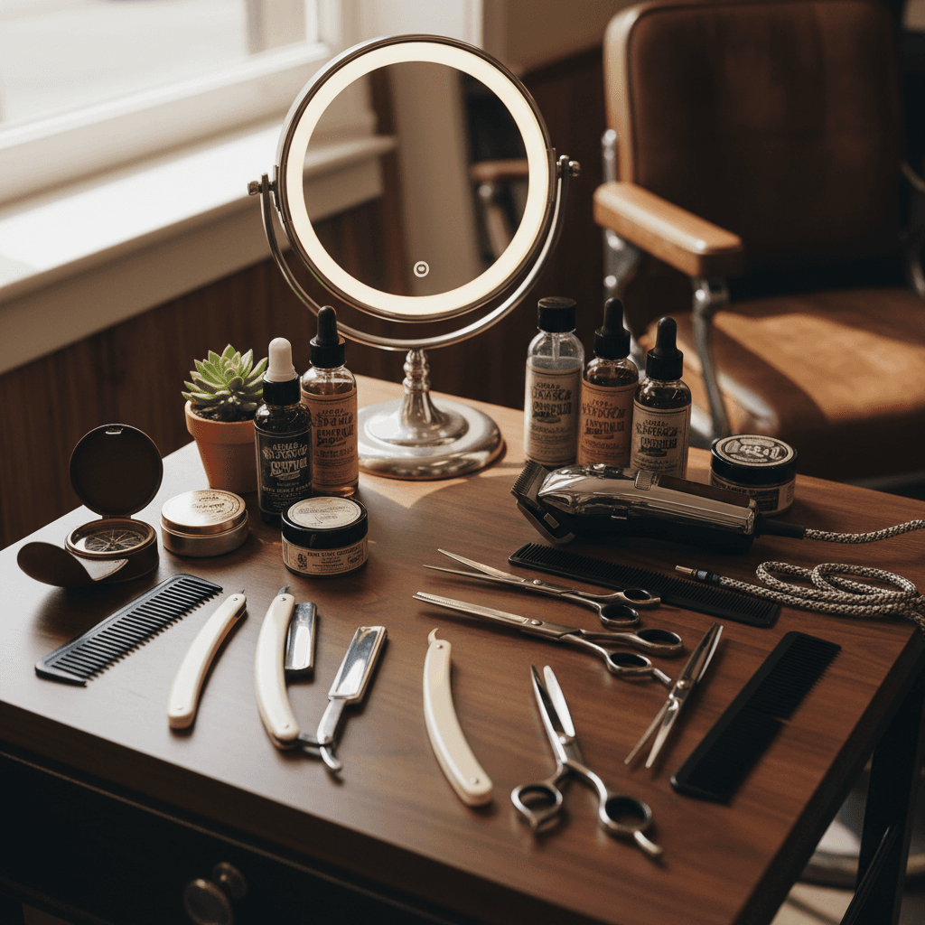 Salon tools arranged on a station