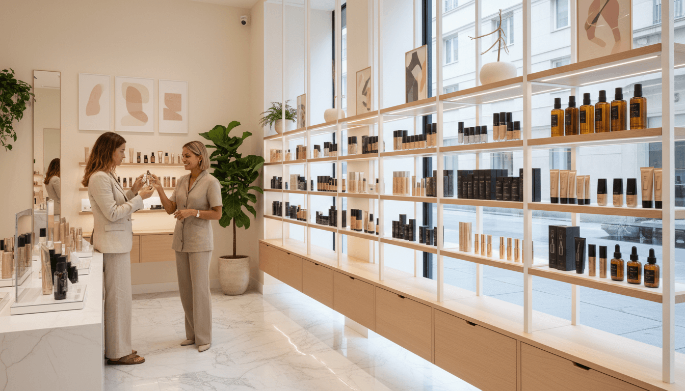 arranged beauty products on a clean counter in a modern store