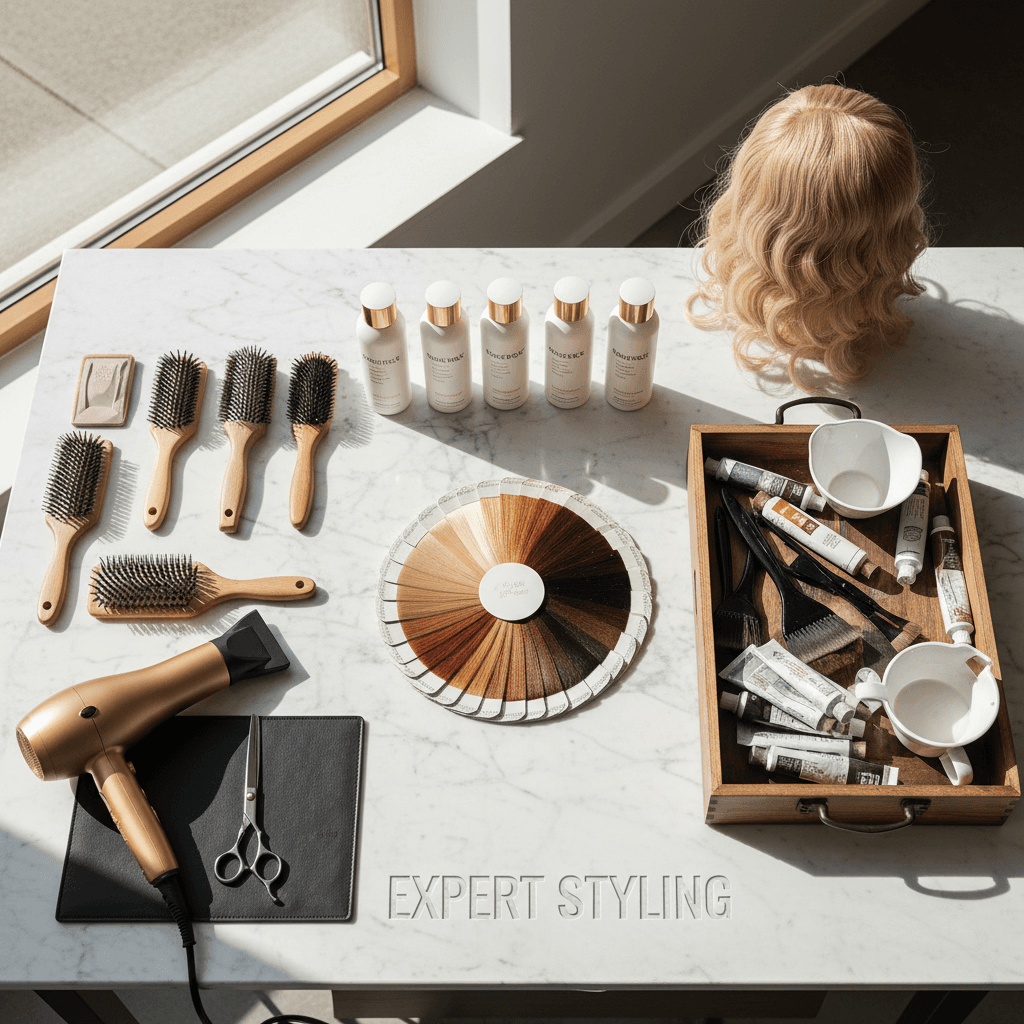 Assortment of professional hair care products arranged neatly on a wooden shelf in a modern salon
