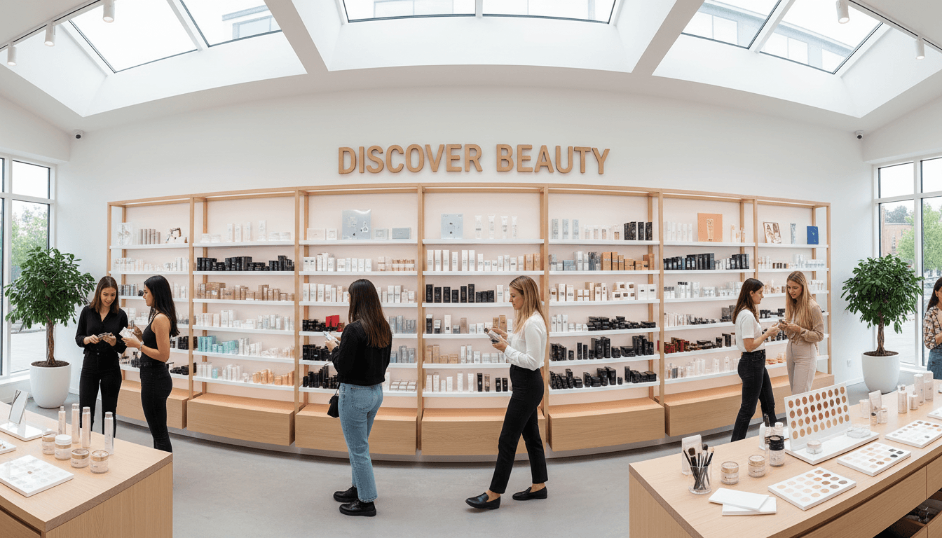 Interior of a clean modern beauty store with shelves of professional hair care and skincare products