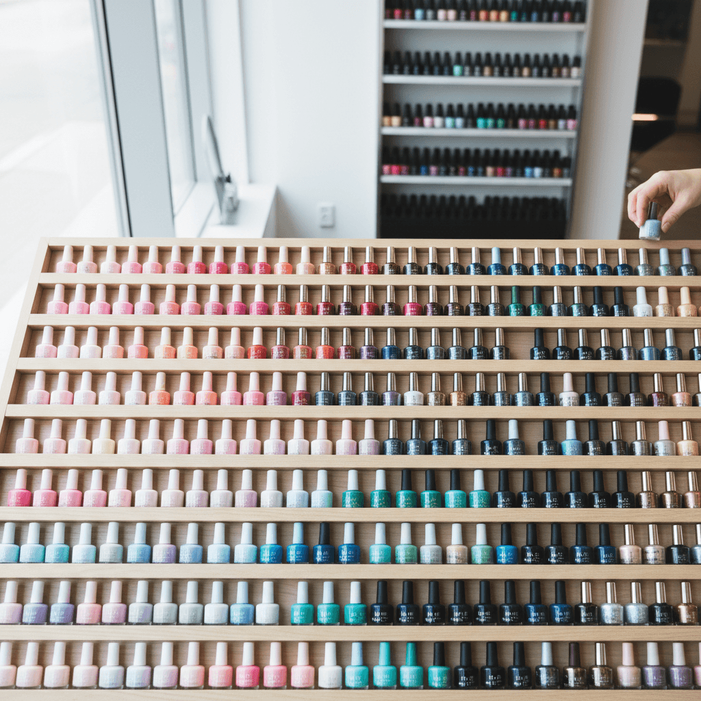 Overhead view of hundreds of nail polish bottles arranged in organized rainbow gradient color display on salon shelving