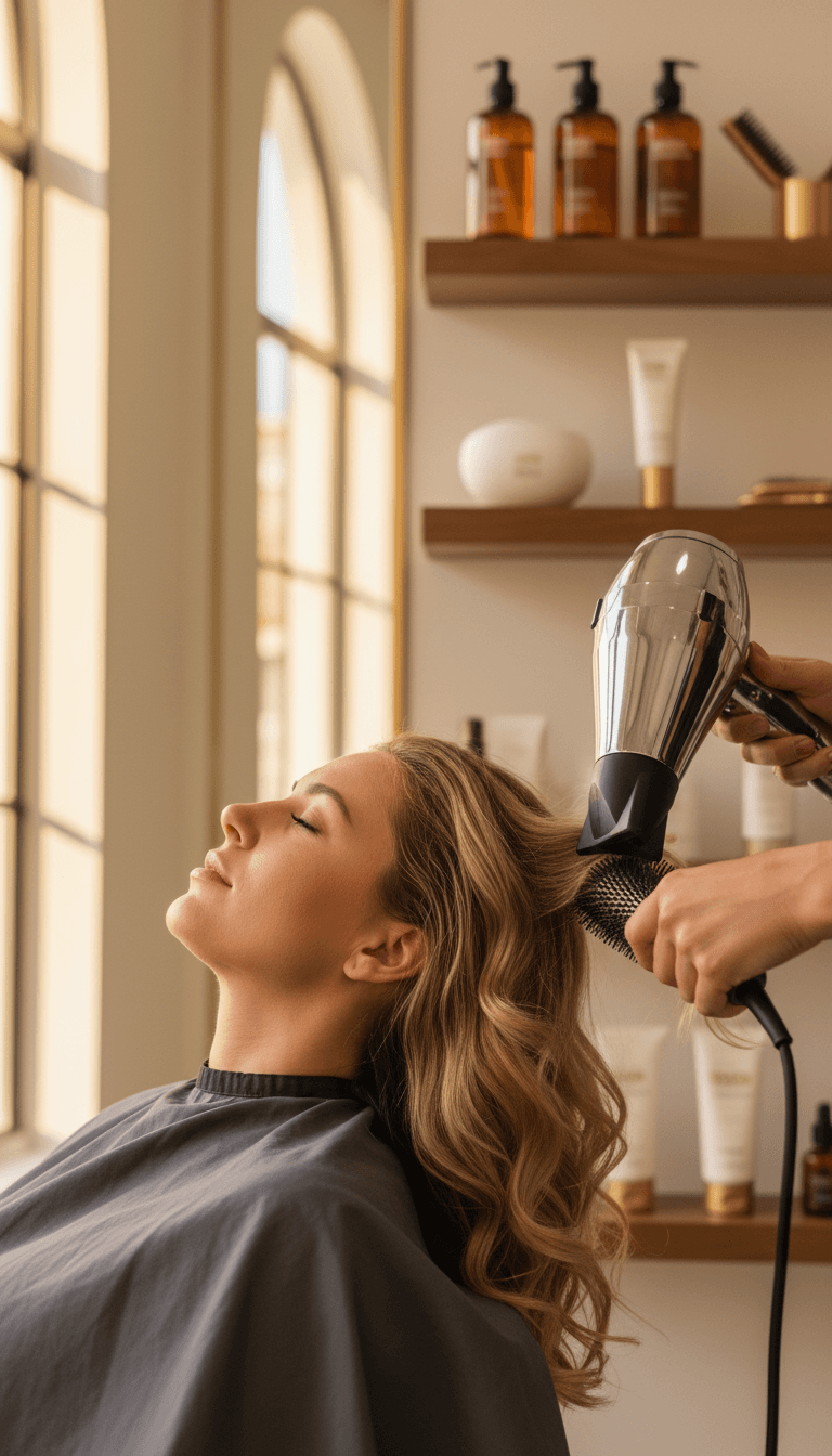 Hair styling session with blow dryer and round brush