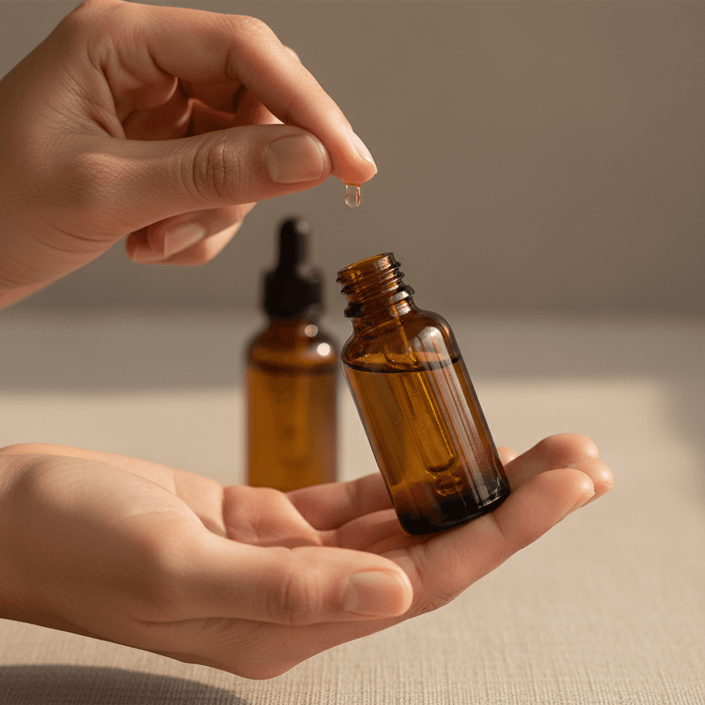 Close up of hands holding a luxurious bottle of serum with golden light reflecting on skin