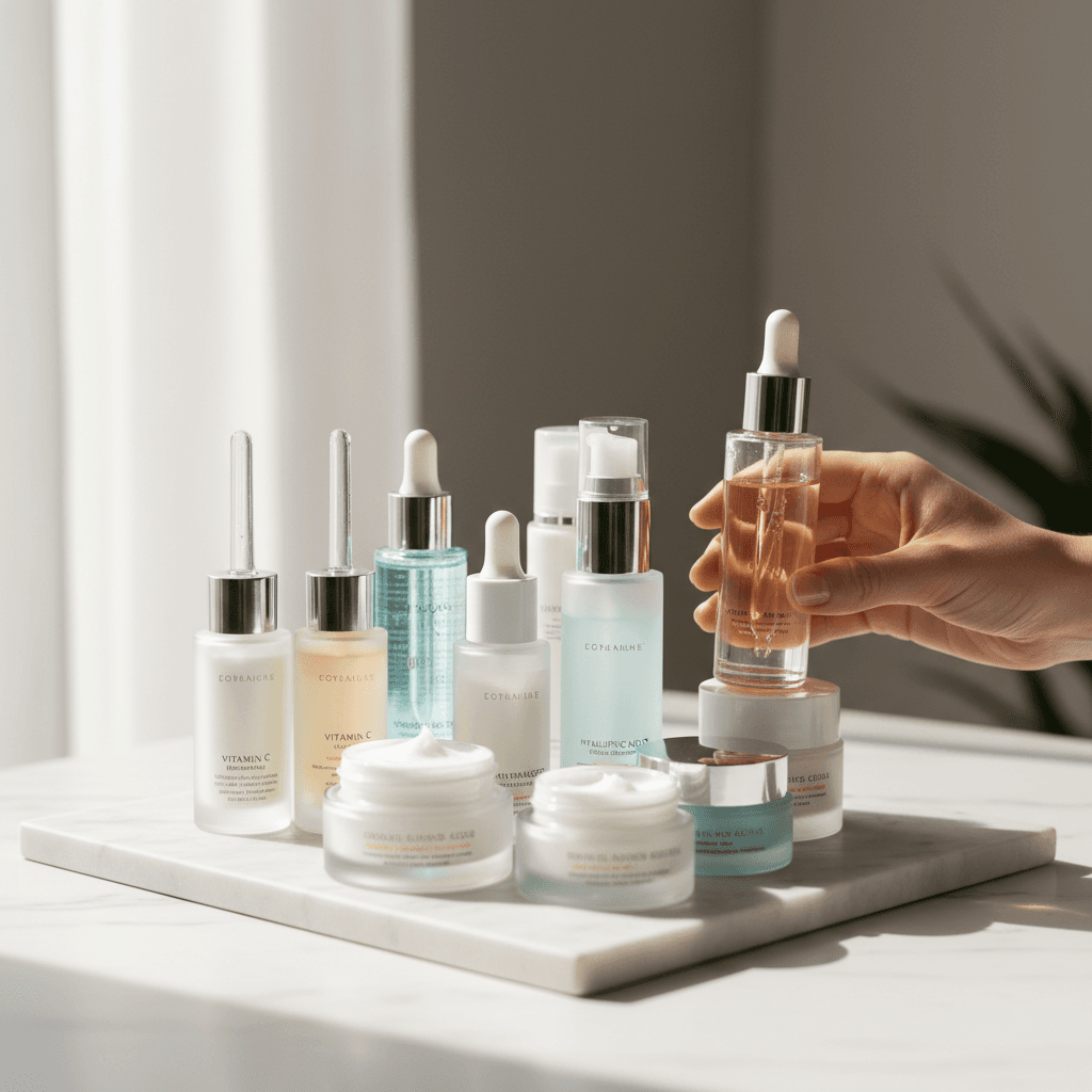 Skincare product bottles on a counter