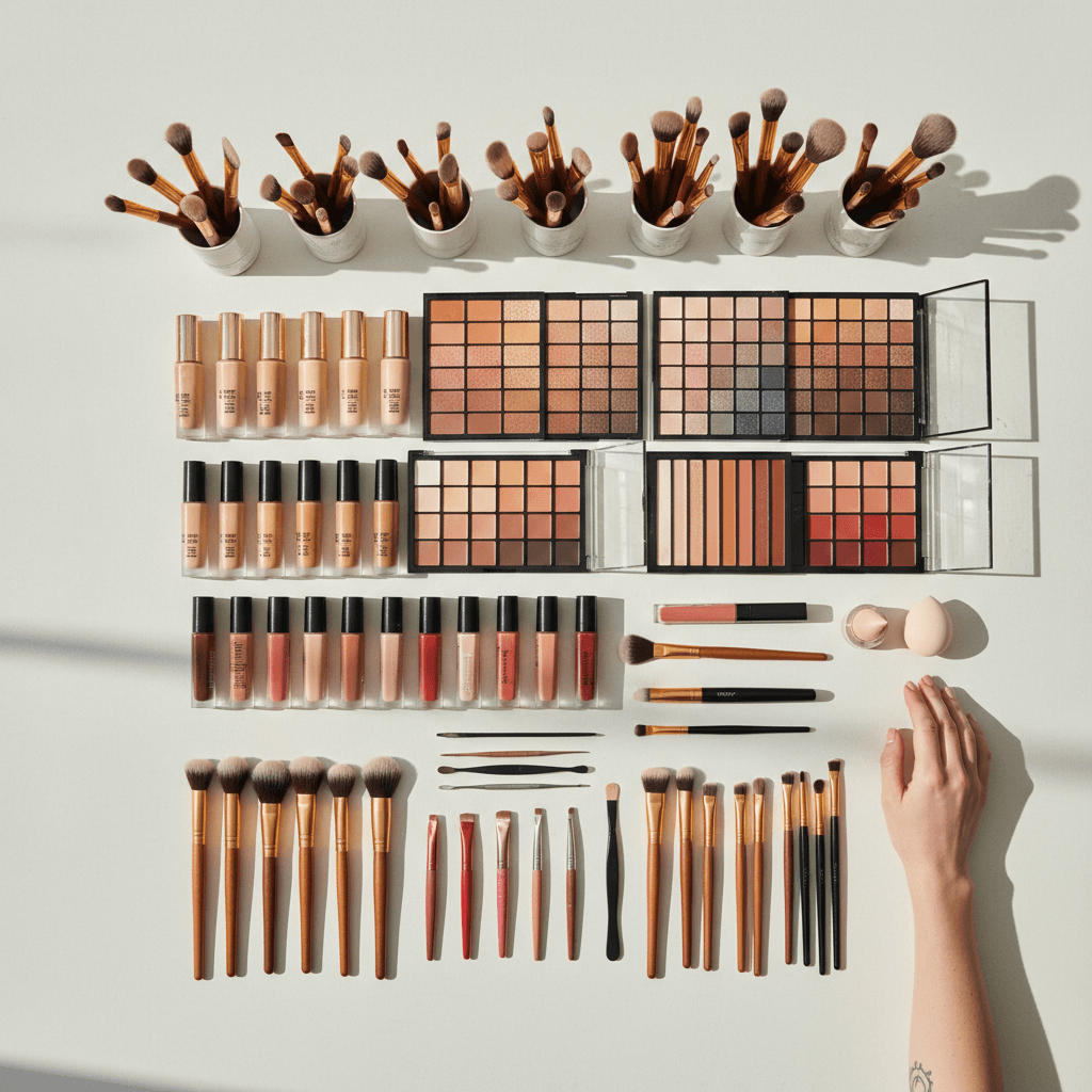 Assortment of makeup brushes and professional cosmetics on a clean white counter with natural lighting